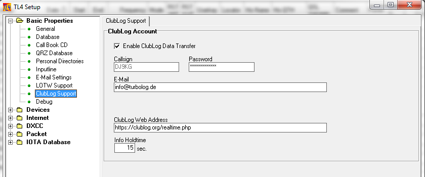 Figure 112:  Setup for Realtime Logging into ClubLog