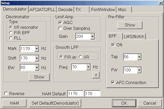 Figure 287:  MMTTY Options Demodulator Tab Sheet