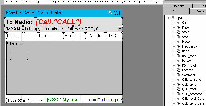 Figure 390:   Cut-away section of QSL Label Designer showing multi QSO label design, MasterData1 page