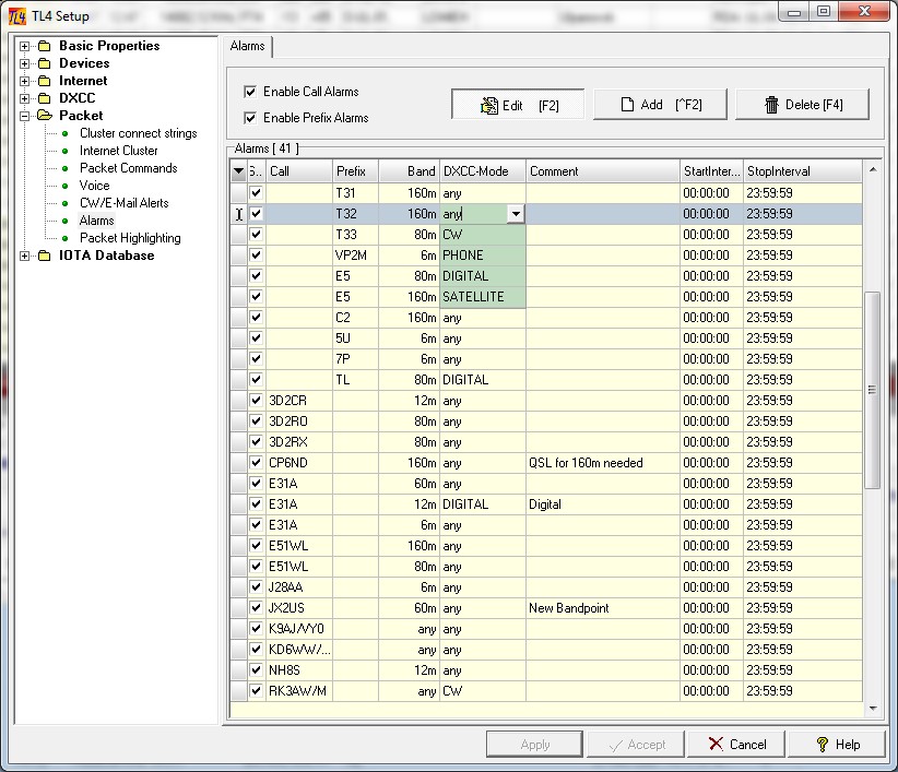Figure 140:  Setup for Call and Prefix Alarms; e.g. editing the DXCC-Mode