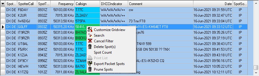 Figure 224:  Section of the Packet grid with context menu popped up