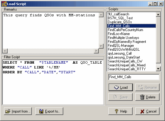 Figure 180:  Save/Load SQL Script Box